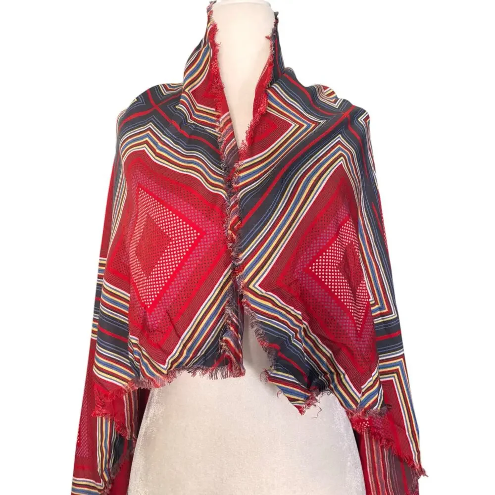 Geometric Stripe Square Scarf Shawl Wrap Red Blue Fringed Boho Artsy Layer